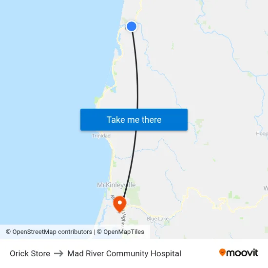 Orick Store to Mad River Community Hospital map