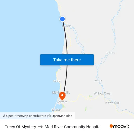 Trees Of Mystery to Mad River Community Hospital map