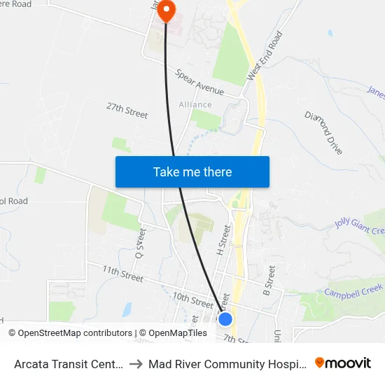 Arcata Transit Center to Mad River Community Hospital map