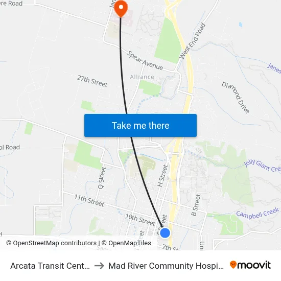 Arcata Transit Center to Mad River Community Hospital map
