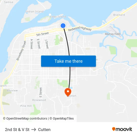 2nd St & V St to Cutten map