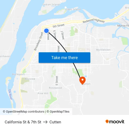 California St & 7th St to Cutten map