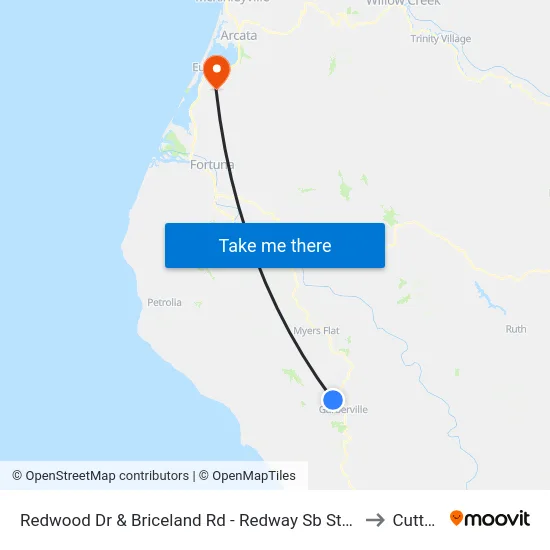 Redwood Dr & Briceland Rd - Redway Sb Stop to Cutten map