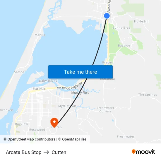 Arcata Bus Stop to Cutten map