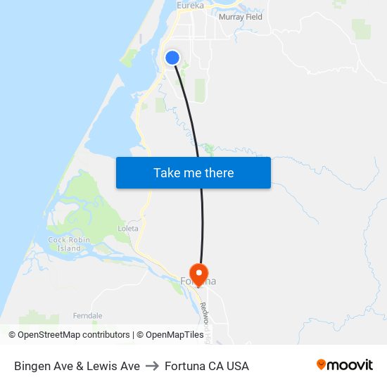 Bingen Ave & Lewis Ave to Fortuna CA USA map
