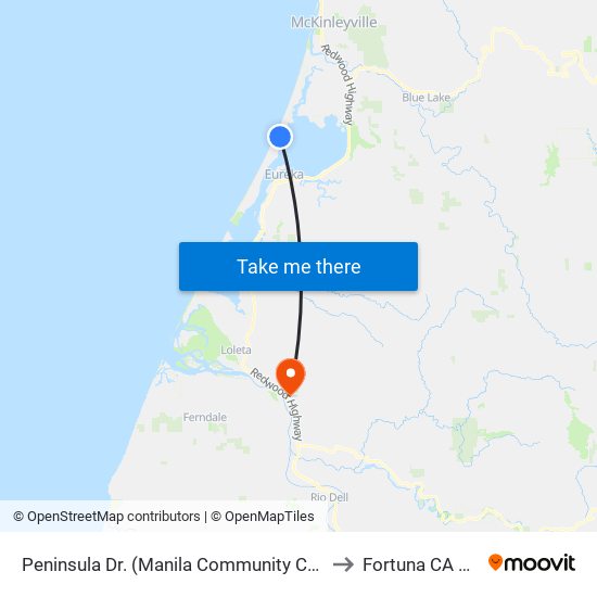 Peninsula Dr. (Manila Community Center) to Fortuna CA USA map