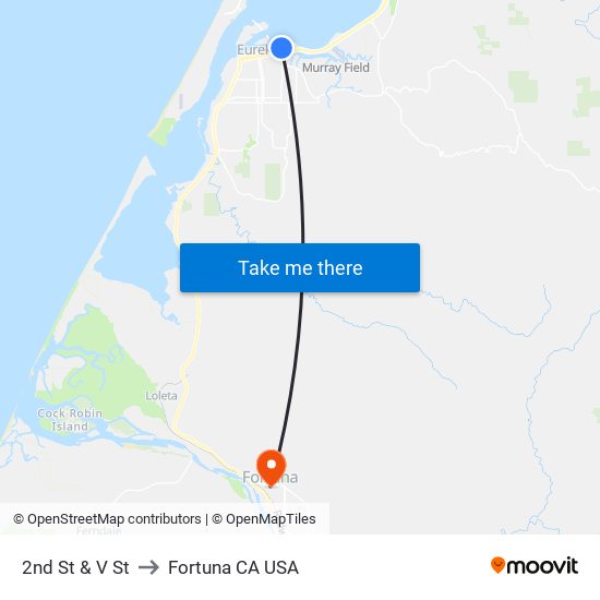 2nd St & V St to Fortuna CA USA map