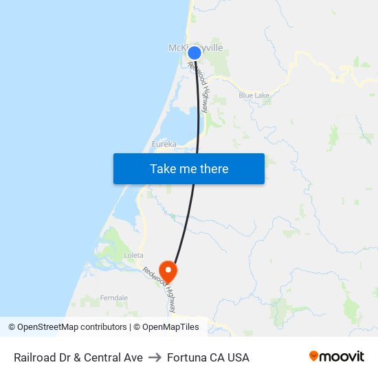 Railroad Dr & Central Ave to Fortuna CA USA map