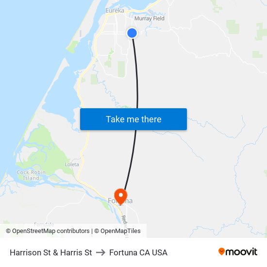 Harrison St & Harris St to Fortuna CA USA map