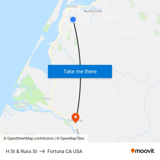 H St & Russ St to Fortuna CA USA map