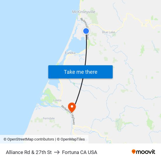 Alliance Rd & 27th St to Fortuna CA USA map