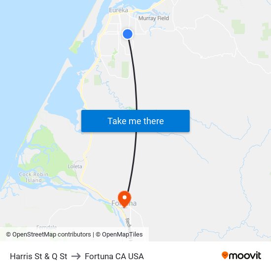 Harris St & Q St to Fortuna CA USA map