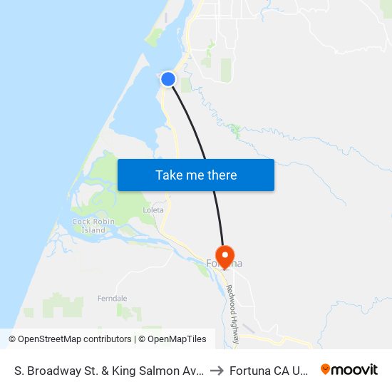 S. Broadway St. & King Salmon Ave. to Fortuna CA USA map