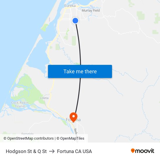 Hodgson St & Q St to Fortuna CA USA map