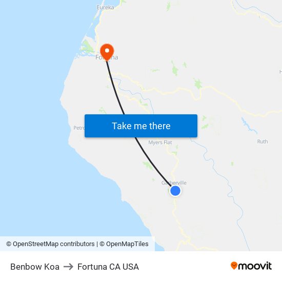 Benbow Koa to Fortuna CA USA map