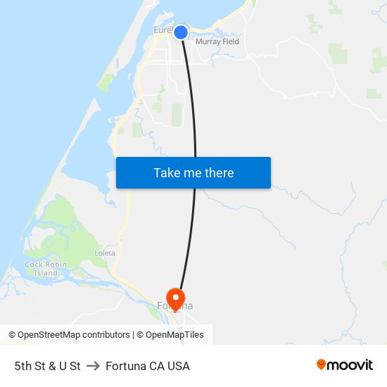 5th St & U St to Fortuna CA USA map