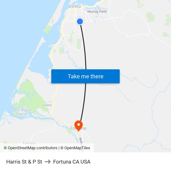 Harris St & P St to Fortuna CA USA map