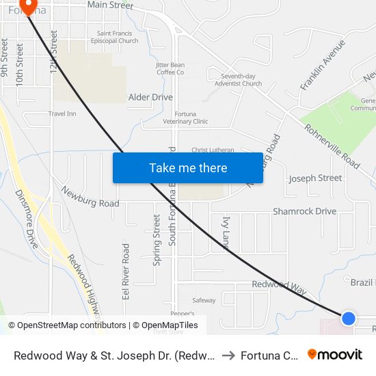 Redwood Way & St. Joseph Dr. (Redwood Memorial) to Fortuna CA USA map