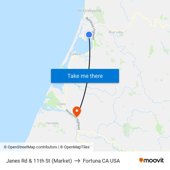 Janes Rd & 11th St (Market) to Fortuna CA USA map