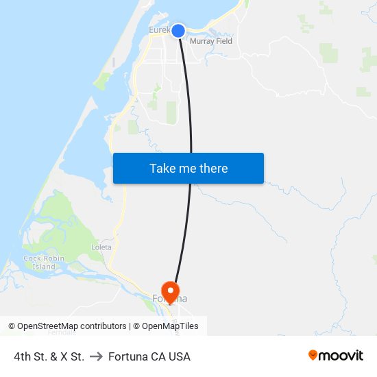 4th St. & X St. to Fortuna CA USA map