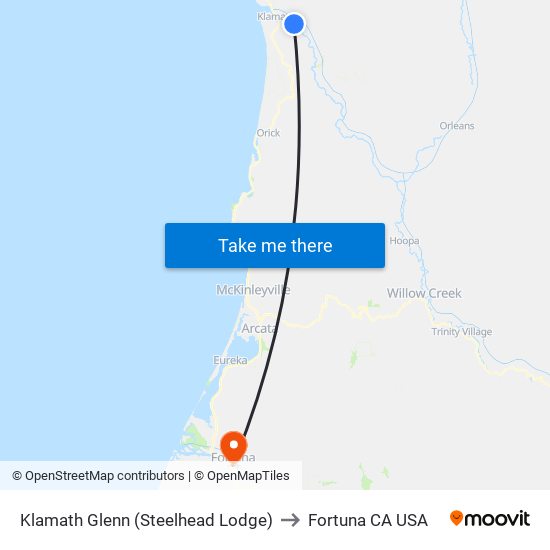 Klamath Glenn (Steelhead Lodge) to Fortuna CA USA map