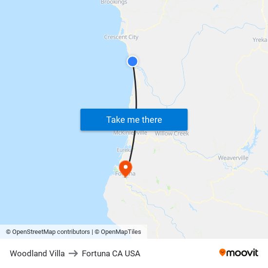 Woodland Villa to Fortuna CA USA map