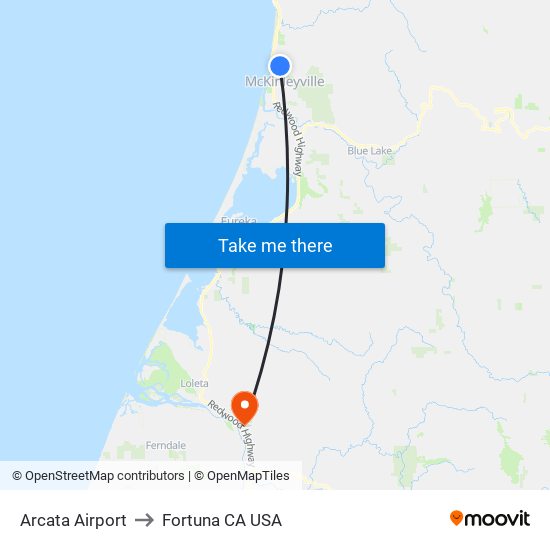 Arcata Airport to Fortuna CA USA map