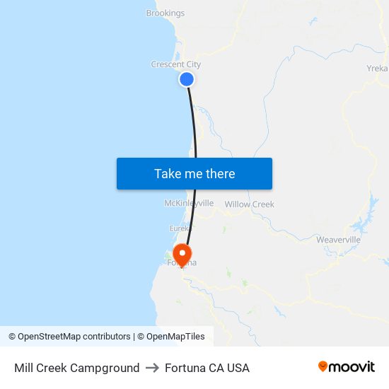 Mill Creek Campground to Fortuna CA USA map