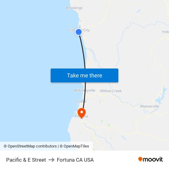 Pacific & E Street to Fortuna CA USA map