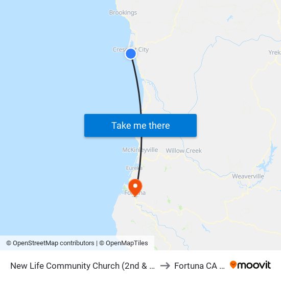 New Life Community Church (2nd & D Street) to Fortuna CA USA map