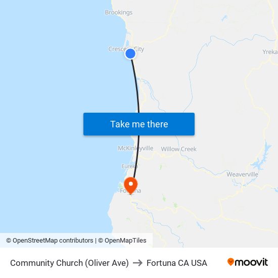 Community Church (Oliver Ave) to Fortuna CA USA map