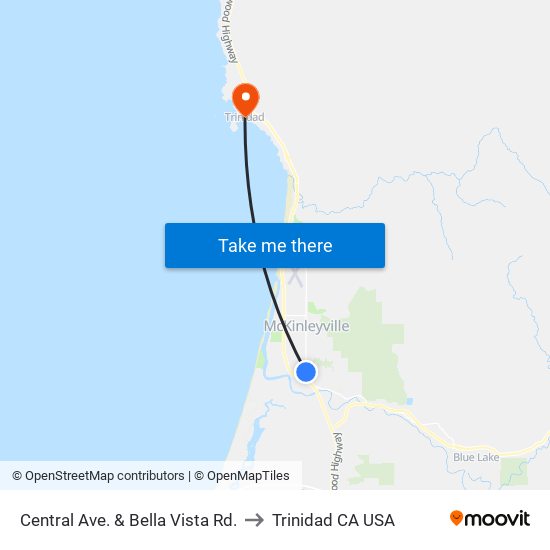 Central Ave. & Bella Vista Rd. to Trinidad CA USA map