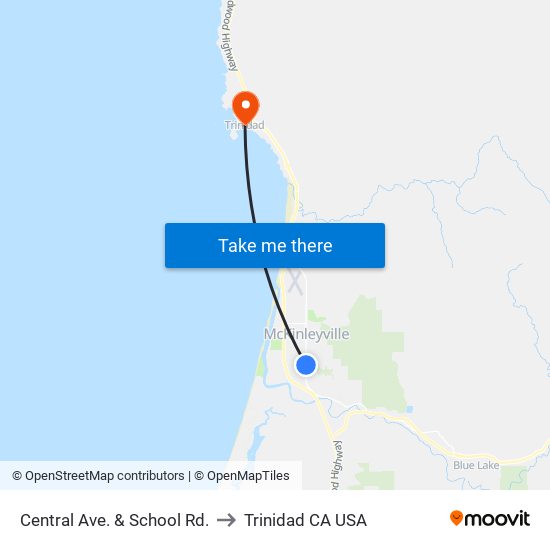 Central Ave. & School Rd. to Trinidad CA USA map