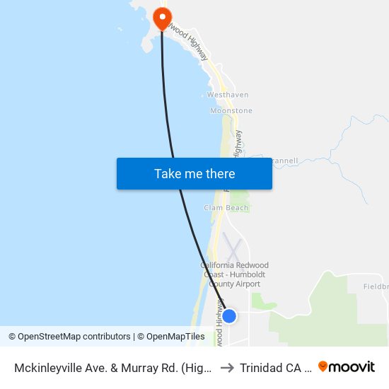 Mckinleyville Ave. & Murray Rd. (High School) to Trinidad CA USA map