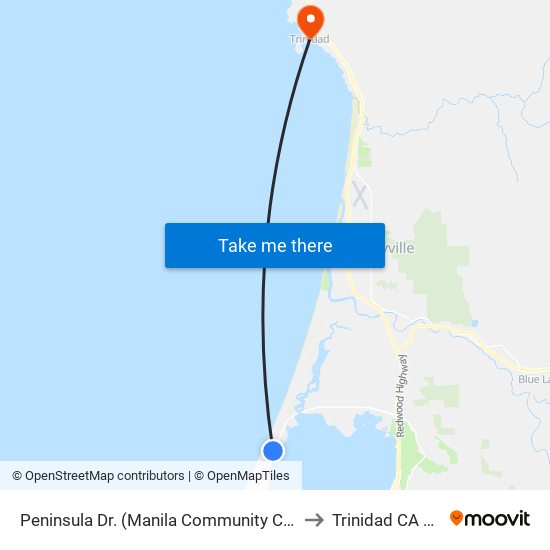 Peninsula Dr. (Manila Community Center) to Trinidad CA USA map