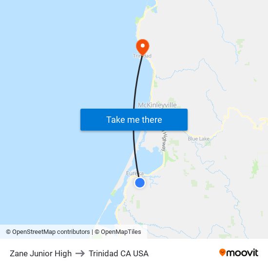 Zane Junior High to Trinidad CA USA map