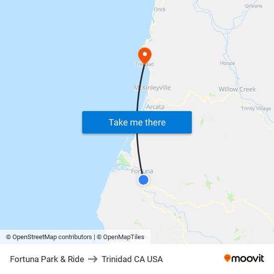 Fortuna Park & Ride to Trinidad CA USA map