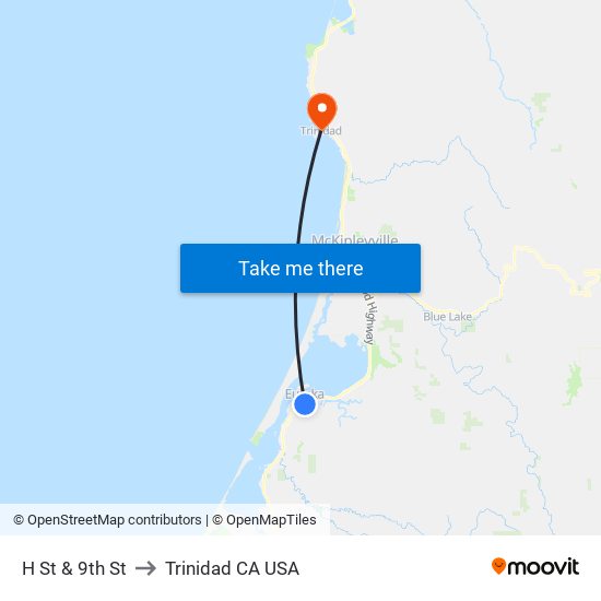 H St & 9th St to Trinidad CA USA map