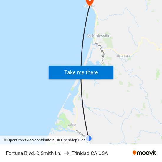 Fortuna Blvd. & Smith Ln. to Trinidad CA USA map