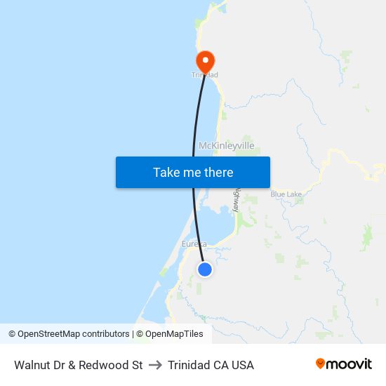 Walnut Dr & Redwood St to Trinidad CA USA map