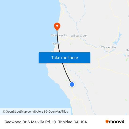 Redwood Dr & Melville Rd to Trinidad CA USA map