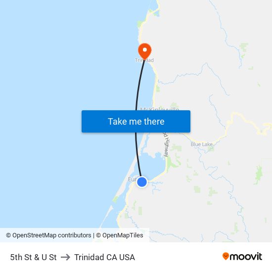 5th St & U St to Trinidad CA USA map