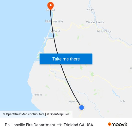 Phillipsville Fire Department to Trinidad CA USA map