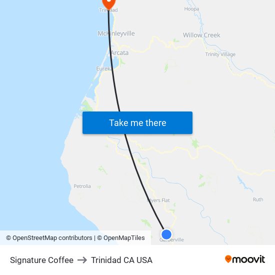 Signature Coffee to Trinidad CA USA map