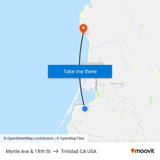 Myrtle Ave & 18th St to Trinidad CA USA map