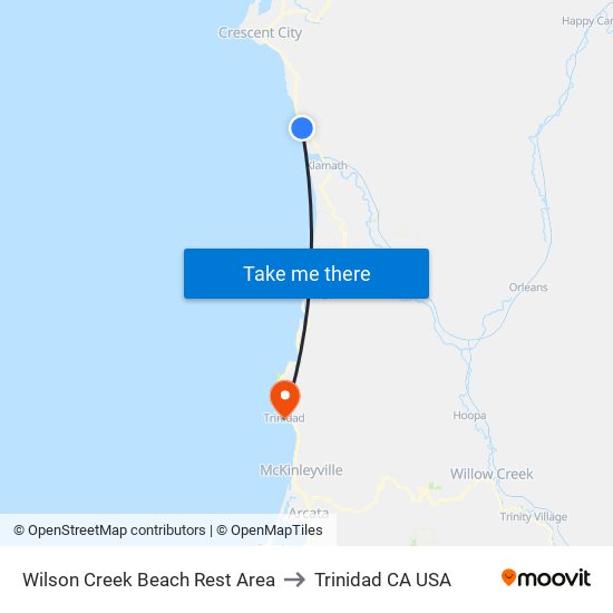 Wilson Creek Beach Rest Area to Trinidad CA USA map