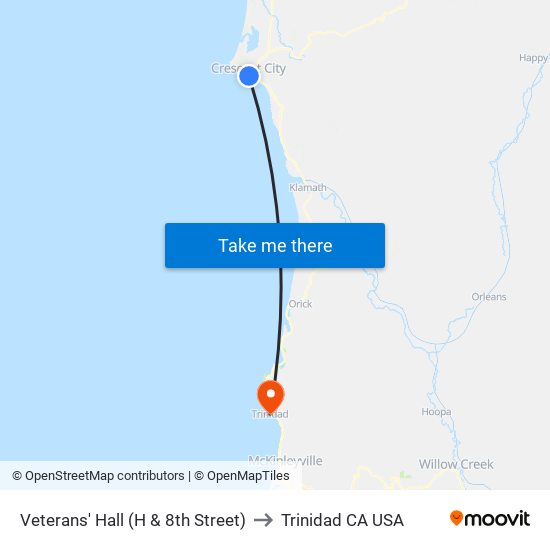 Veterans' Hall (H & 8th Street) to Trinidad CA USA map