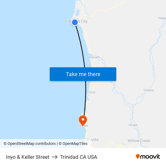 Inyo & Keller Street to Trinidad CA USA map