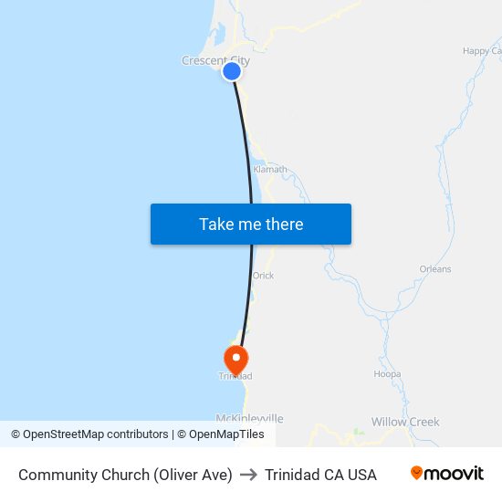 Community Church (Oliver Ave) to Trinidad CA USA map