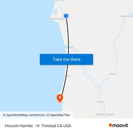 Hiouchi Hamlet to Trinidad CA USA map